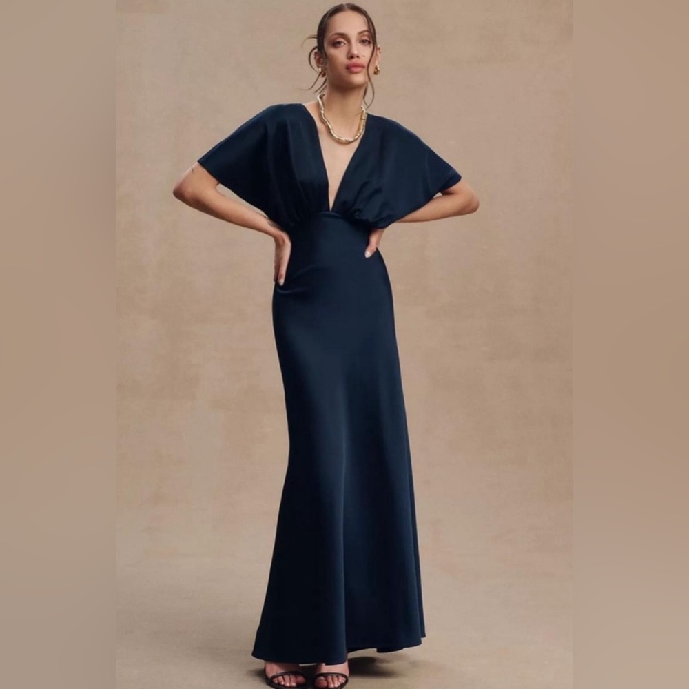 NWT BHLDN Leila Deep-V Flutter-Sleeve Satin A-Line‎ Gown Size 6 in Midnight Blue